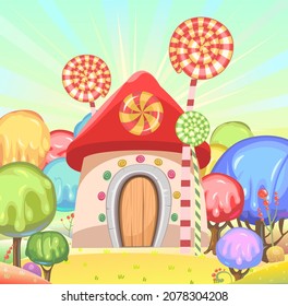 Candy hut. Sweet caramel fairy house. Summer cute landscape. Illustration in cartoon style flat design. Picture for children. Vector.