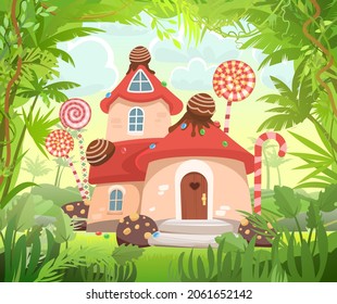 Candy hut in thickets of wild jungle.. Sweet caramel fairy house. Summer cute landscape. Illustration in cartoon style flat design. Picture for children. Vector.