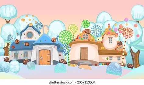 Candy hut in winter forest with trees of ice cream with nuts. Sweet caramel fairy house. Summer cute landscape. Illustration in cartoon style flat design. Picture for children. Vector.