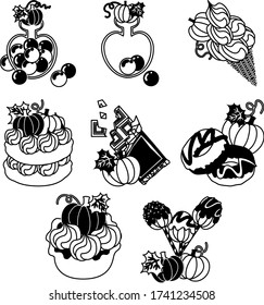 The candy and an ice-cream cone and tart and a cake and chocolate and a donut and cake pop of pumpkin