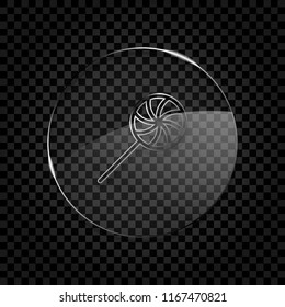 candy icon. Icon in circle glass bubble on dark transparent grid. Glass style