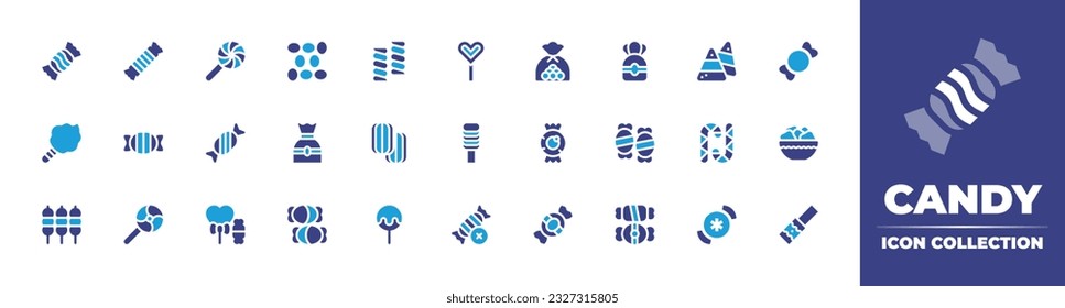 Candy icon collection. Duotone color. Vector illustration. Containing candy, marshmallow, popsicle stick, candies, corn, cotton, peppermint, lollipop, cane, candied fruit, dango, no.
