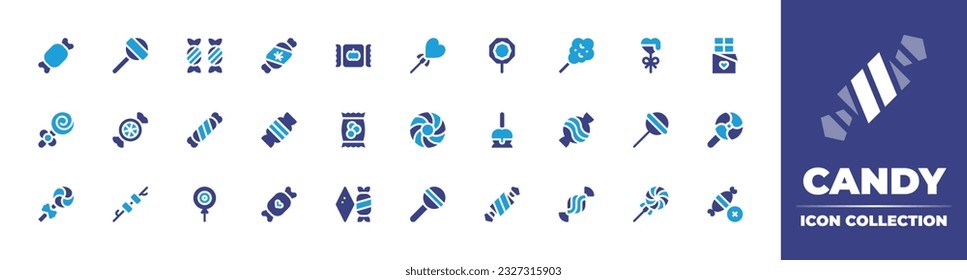 Candy icon collection. Duotone color. Vector illustration. Containing candy, candies, sweet, lollipop, cotton candy, chocolate, orange, taffy, kid and baby, marshmallow, sweet food, no sweets. 