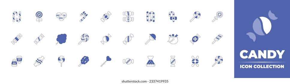 Colección de iconos de caramelo. Curso de línea de estilo duotónico y negrita. Ilustración vectorial. Con caramelos, langostinos, judías, caña, dulce, palmilla, tarro, ladoo, halloween y más.