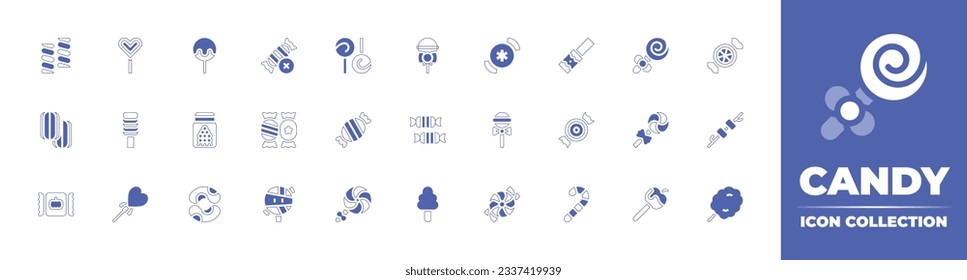 Candy icon collection. Duotone style line stroke and bold. Vector illustration. Containing candy, lollipop, lollipops, sweet, chocolate, toffee, cotton candy, candy cane,  and more.