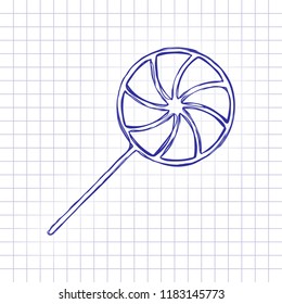 candy icon. Hand drawn picture on paper sheet. Blue ink, outline sketch style. Doodle on checkered background
