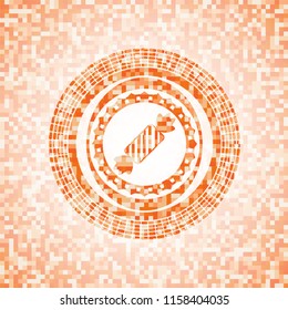 candy icon inside abstract emblem, orange mosaic background