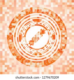 candy icon inside abstract emblem, orange mosaic background