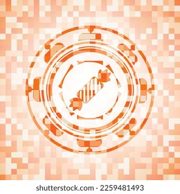 candy icon inside abstract emblem, orange mosaic background. 