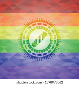 candy icon inside emblem on mosaic background with the colors of the LGBT flag