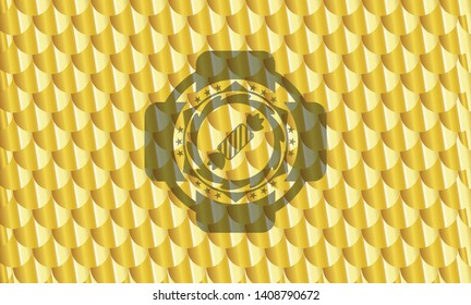 candy icon inside golden emblem or badge. Scales pattern. Vector Illustration. Detailed.