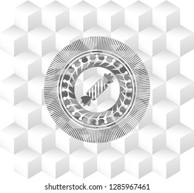 candy icon inside grey emblem with geometric cube white background