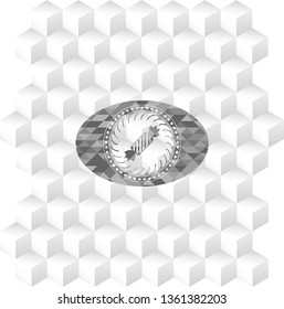 candy icon inside grey emblem with geometric cube white background