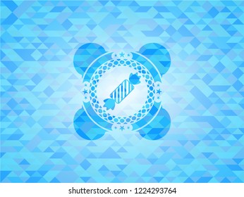 candy icon inside realistic sky blue mosaic emblem