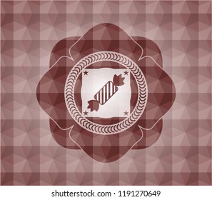 candy icon inside red emblem or badge with abstract geometric polygonal pattern background. Seamless.