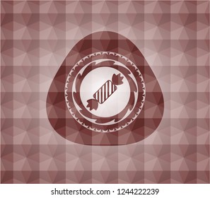 candy icon inside red emblem or badge with abstract geometric pattern background. Seamless.