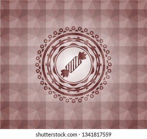 candy icon inside red emblem with geometric pattern. Seamless.