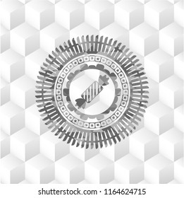 candy icon inside retro style grey emblem with geometric cube white background