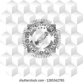 candy icon inside retro style grey emblem with geometric cube white background