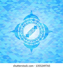 candy icon inside sky blue emblem. Mosaic background