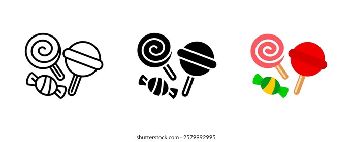 Candy icon. Lollipop vector illustration. Sweet dessert symbol. Sugar-coated treat sign. Round caramel pictogram. Swirl hard candy concept. Colorful bonbon with stick isolated design.