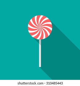 Candy icon with long shadow. Flat design style. Candy simple silhouette. Modern, minimalist icon in stylish colors. Web site page and mobile app design vector element.