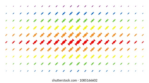 Candy icon rainbow colored halftone pattern. Vector candy pictograms are arranged into halftone grid with vertical spectral gradient. Constructed for backgrounds, covers,