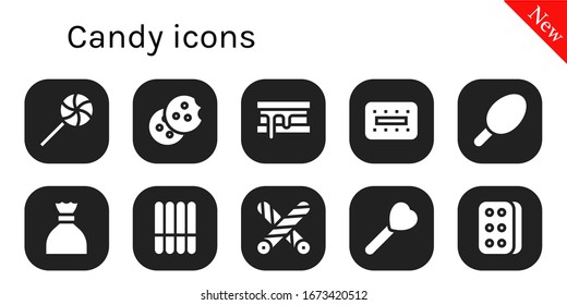 candy icon set. 10 filled candy icons. Included Lollipop, Cookie, Smore, Biscuit, Cotton candy, Sugar, Liquorice icons