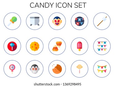 candy icon set. 15 flat candy icons.  Collection Of - lollipop, cauldron, cookies, dracula, candy corn, garlands, popsicle, marshmallow, cookie
