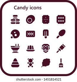 candy icon set. 16 filled candy icons.  Simple modern icons about  - Macaron, Gummy, Cookie, Biscuit, Popsicle, Cotton candy, Custard, Jelly, Dracula, corn, Gummy bear