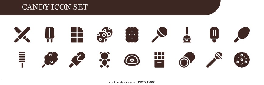  candy icon set. 18 filled candy icons.  Simple modern icons about  - Chocolate, Popsicle, Cookies, Cookie, Lollipop, Cake pop, Cotton candy, Gummy bear, Gummy, Marshmallow