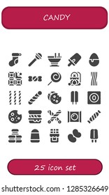  candy icon set. 25 filled candy icons. Simple modern icons about  - Christmas sock, Lollipop, Custard, Popsicle, Chocolate, Candy shop, Cauldron, Liquorice, Stick candy