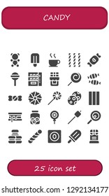  candy icon set. 25 filled candy icons. Simple modern icons about  - Gummy bear, Popsicle, Chocolate, Candy, Lollipop, Vending machine, Candy shop, Cookie, Sweet, Cookies, Chewing gum
