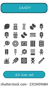 candy icon set. 25 filled candy icons.  Collection Of - Cotton candy, Chocolate, Liquorice, Jelly beans, Popsicle, Smore, Lollipop, Chewing gum, Biscuit, Gingerbread, Jelly