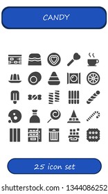 candy icon set. 25 filled candy icons.  Simple modern icons about  - Nougat, Candy, Lollipop, Chocolate, Jelly, Gummy, corn, Popsicle, shop, Marshmallow, Cookie, Stick