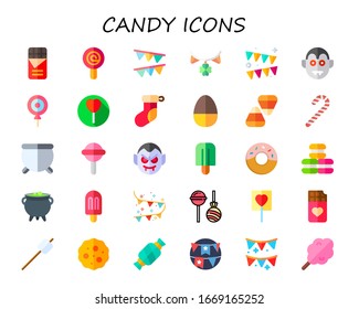 candy icon set. 30 flat candy icons.  Simple modern icons such as: chocolate, lollipop, garlands, garland, dracula, christmas sock, chocolate egg, candy corn, cane, cauldron
