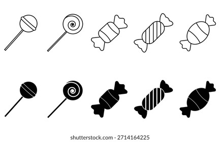 Candy Icon Set. Schwarz-weiße Vektorgrafik von verpackten Bonbons und Süßigkeiten.  Lollipop-Symbol. erstellen Sie ein Bild von Süßigkeiten Silhouette Vektorsatz.