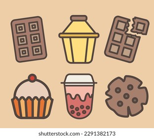 Candy icon set, Set of bright sweets in doodle style on a brown crate background.