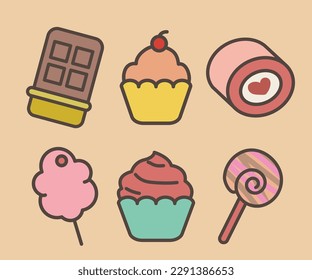 Candy icon set, Set of bright sweets in doodle style on a brown crate background.