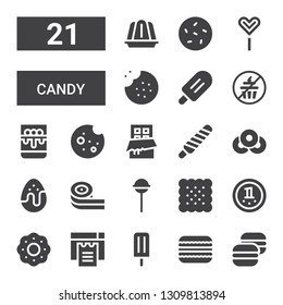 candy icon set. Collection of 21 filled candy icons included Macaron, Ice lolly, Cookies, Cookie, Chocolate, Biscuit, Lollipop, Belts candy, Chocolate egg, Doughnut, Popsicle