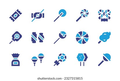 Candy icon set. Duotone color. Vector illustration. Containing sugar, no sweets, lollipop, candy cane, toffee, mint, cotton candy, candy.