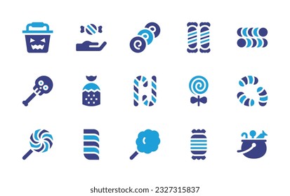 Candy icon set  Duotone color  Vector illustration  Containing bag  trick treat  candies  candy stick  halloween candy  strawberry  cane  lollipop  candy  cotton  bucket 