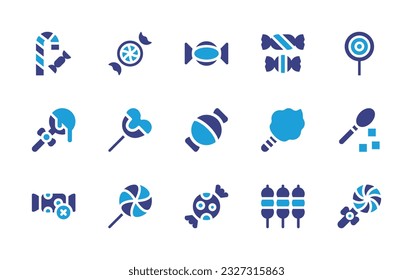 Candy icon set. Duotone color. Vector illustration. Containing lollipop, sweets, candy, toffee, chocolate, cotton candy, sugar cubes, no sweets, dango.
