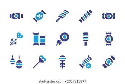 Juego de iconos de caramelo. Color de duotona. Ilustración vectorial. Con caramelos, palas, langosta, envoltura, huevo de Pascua, no.