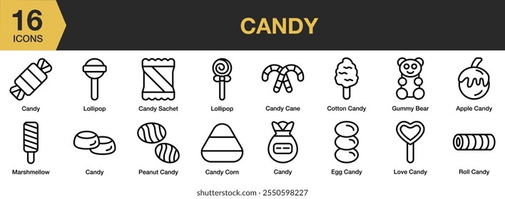 Conjunto de iconos de caramelo. Incluye piruleta, bolsita, algodón, maíz, maní, malvavisco y más. Colección de Vector de iconos de contorno.