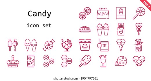 conjunto de iconos de caramelo. estilo de icono de línea. íconos relacionados con los dulces como helados, caramelos, galletas, dulces, donuts, tartas, chuletitas, galletas, macarones, galletas