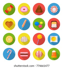Candy icon set. Sweet food made from sugar or chocolate, hard and soft candies, caramels, marshmallows, taffy joy for kids. Vector flat style cartoon candy illustration isolated on white background