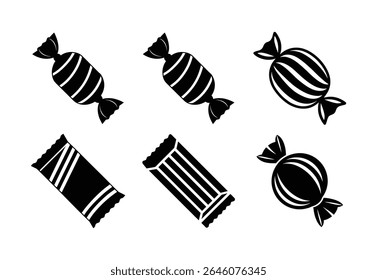 Candy Icon Set Wrapped Sweets and Chocolate Bar Silhouettes in Bold Black Style