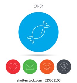 Candy icon. Sugar lollipop sign. Sweet food symbol. Mail, download and speech bubble buttons. Like symbol. Vector