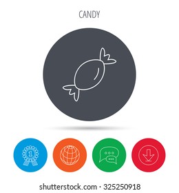 Candy icon. Sugar lollipop sign. Sweet food symbol. Globe, download and speech bubble buttons. Winner award symbol. Vector